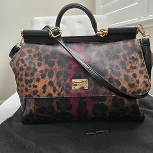 Authentic Dolce & Gabbana Leopard Print Sicily Satchel - Black, Brown, and Red